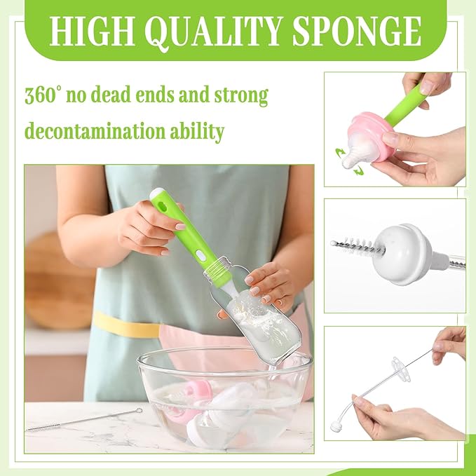 22 Pcs Sponge Bottle Nipple Brushes Set Including 12 Pcs Bottle Sponge Brush Heads 6 Interchangeable Nipple Brush Handles and 4 Long Straw Brushes for Baby Bottles