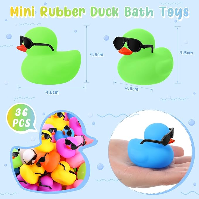 Sosation 36 Packs Mini Rubber Ducks with Sunglasses Sets 2.2 Inch Bath Squeaky Rubber Duckies Cute Float Bathtub Toys for Christmas Birthday Party Favors Class Prizes Car Decor(Multicolored)