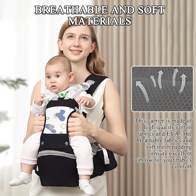 Baby Carrier with Hip Seat for Newborn to Toddler, 6-in-1 Ergonomic Infant Carrier for 0-36 Month Baby, All Positions Soft Breathable Mesh Wrap Carrier with Waist Stool, Baby Holder-Grey Print