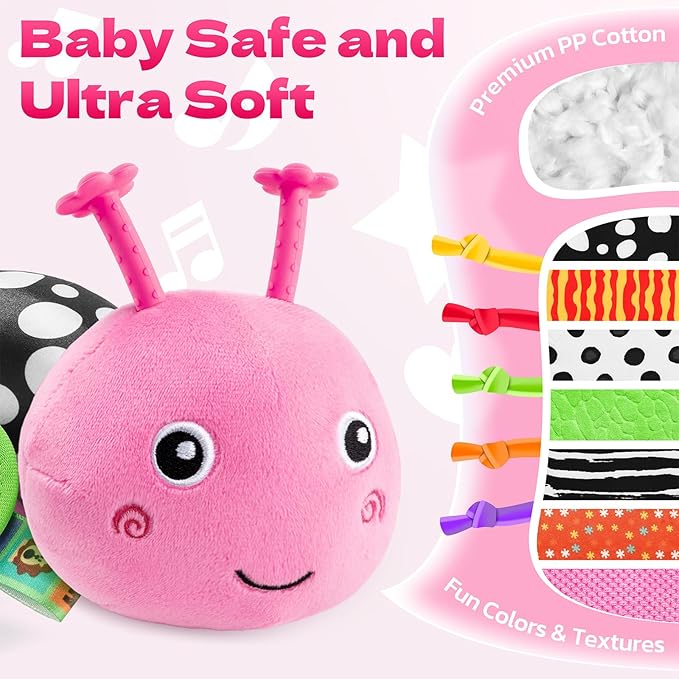 HEMRLY Baby Sensory Toy 0-6 Months, Musical Stuffed Caterpillar Plush with Teether, Crinkle, Rattle, Baby Mirror for Tummy Time, Infant Car Seat Toy for 0-3-6-12 Month Boys Girls Gifts - Knotted Pink