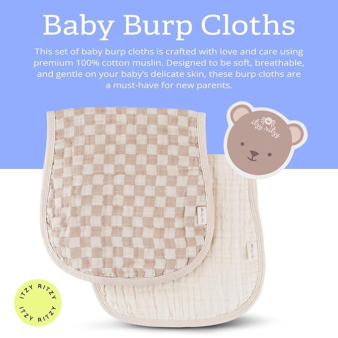 Itzy Ritzy Set of 2 Baby Burp Cloths – Ultra-Soft Absorbent Burping Cloths for Babies - Made of 100% Cotton Muslin & Generously Sized with Trendy Coordinating Prints – Machine Washable (Checkerboard)