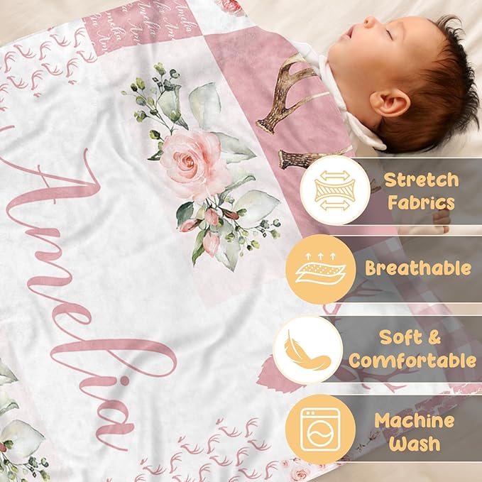 Baby Girl Blanket with Name – Personalized Pink Baby Blanket for Infant Toddler Girls, Floral Woodland Deer Flannel Receiving Swaddle, Custom Newborn Gifts for Birthday New Parents(60"x80")