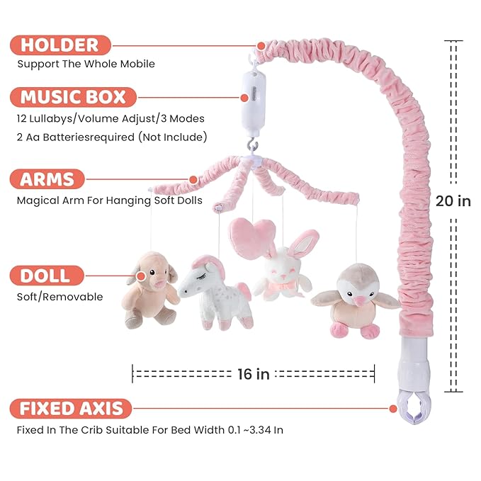 JOLLITO Crib Mobile for Girls, Soft Pink Musical Baby Crib Mobile with 12 Lullabies, Rotating Arm and Detachable Plush Animal Toys, Nursery Decor Baby Mobile for Crib Toys Bassinet