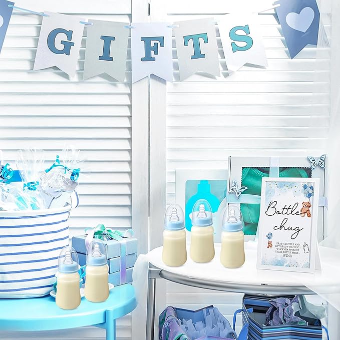 Roowest Bottle Chug Baby Shower Games Favors Including 18 Pcs Feeding Bottles with Blue Bear Theme Wooden Sign for Gender Reveal Baby Shower Party Supplies