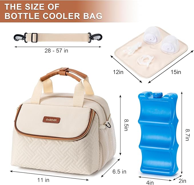 Breastmilk Cooler Bag with Ice Pack Fits 6 Baby Bottles up to 9 Ounce, Wearable Breast Pumps Cooler Bag for Nursing Mom Daycare, Work, Travel- Cream