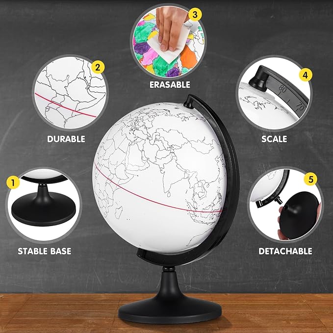 TOYANDONA Blank World Globe with Stand - Dry Erase DIY Map Round Earth Globe for Geographical Teacher Students - Desktop Decor