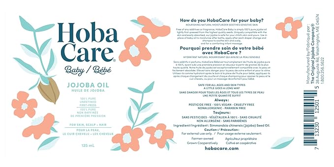 HobaCare Jojoba Baby Oil with Pump Dispenser – 100% Pure Natural Unrefined Unscented Cold-Pressed Jojoba Oil for Baby Hair, Infant Skin, Cradle Care & Body Moisture (4.22 fl oz)