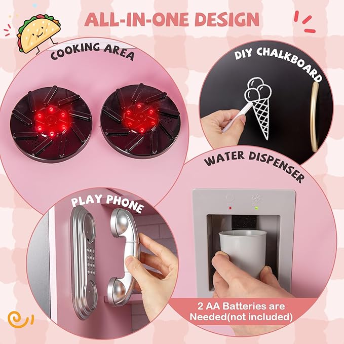 HONEY JOY Upgrade 39 in Kids Kitchen Playset, Large Wooden Little Chef Pretend Toy Kitchen Set w/Chalkboard, Telephone, Utensils, Oven, Microwave, Sink, Storage, Play Kitchen for Toddlers, Pink