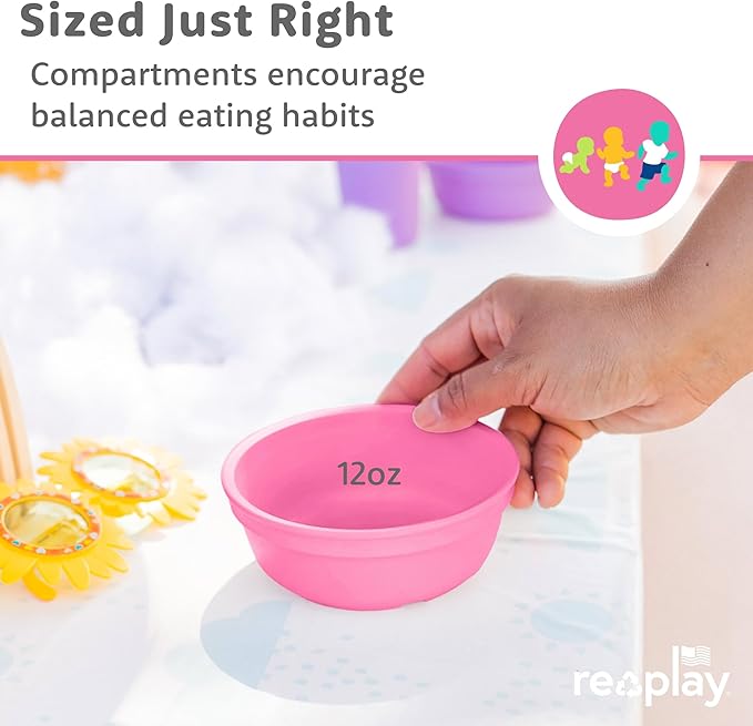 Re-Play 12 oz. Toddler Bowls Set of 3 - Kids Deep-Walled, Durable & Reusable Snack and Meal Bowls, Dishwasher & Microwave Safe, BPA-Free, Made in USA from Recycled Plastic, Berry