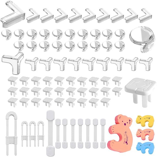 86Pack Baby Proofing Kit: Baby Locks(Strip-Shape 8Pack,U-Shape 4Pack), Baby Corner(Ball-type 20Pack,T-type 10Pack, L-type 10Pack),Socket cover 30Pack, Cartoon door stop 4Pack