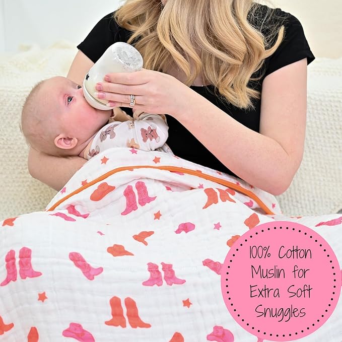 LollyBanks Muslin Baby Blanket 100% Organic Cotton, Muslin Quilt Lightweight, Western Girl Muslin Blanket, 6 Layers Baby Blankets 47"x 47", Soft Nursery Receiving Blankets (Pink Boot)