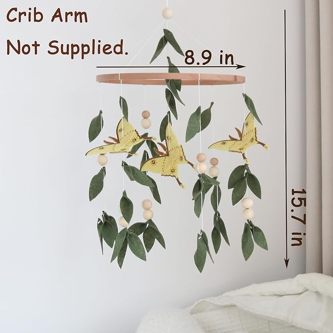 Forest Crib Mobile for Girls Boys, Yellow Butterfly & Green Leaves Baby Mobile for Crib, Butterfly Mobile for Crib Girl, Forest Nursery Mobile