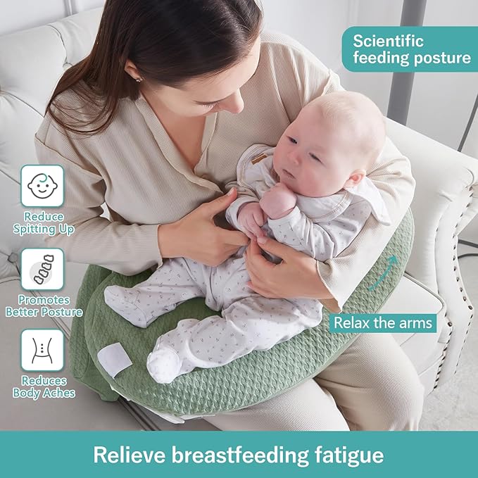 QSTEHEML Nursing Pillow for Breastfeeding - Adjustable Breastfeeding Pillows for Women with More Support & Removable Cover, Baby Feeding Pillow for Newborn Moms and Baby Essentials,Green