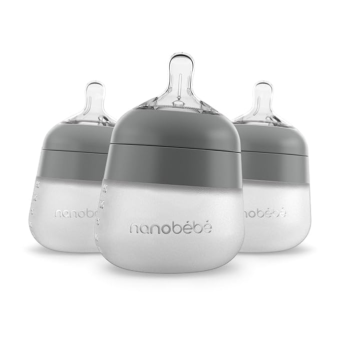 Nanobebe Flexy Silicone Baby Bottle, Anti-Colic, Natural Feel, Non-Collapsing Nipple, Non-Tip Stable Base, Easy to Clean 3-Pack, Gray, 5 oz
