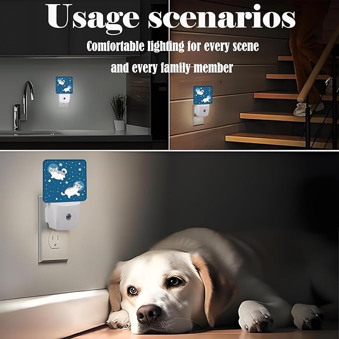 Cute Husky Astronauts on Space Night Light,Plug-in Night Lights with Dusk-to-Dawn Sensor for Stairway,Hallway,Bedroom Sleep Friendly Ideal for Women/Girls/Boys Gift,0.5w