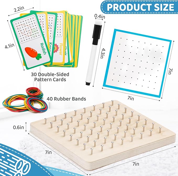 2Pack Wooden geoboards with Rubber Bands Montessori Toys, Mathematical Education Toy for Kids with Pattern Cards and geo Boards to Figures and Shapes, Brain Teaser STEM Toys for Classroom.