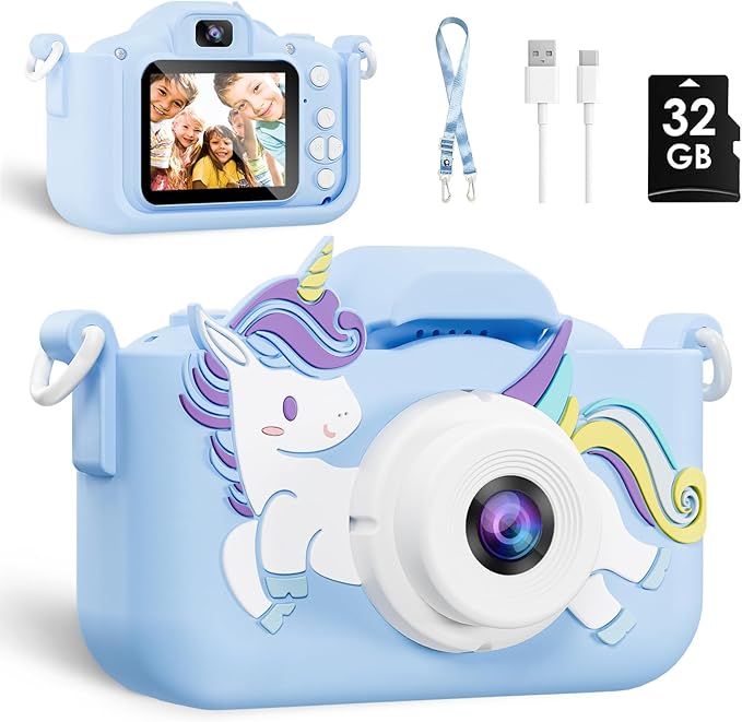 Kids Camera, Toys for Toddlers Age 3-8 Year Old Girl Christmas Birthday Gifts, Children Digital Camera with Cartoon Soft Silicone Cover and 32GB Card (Azure)
