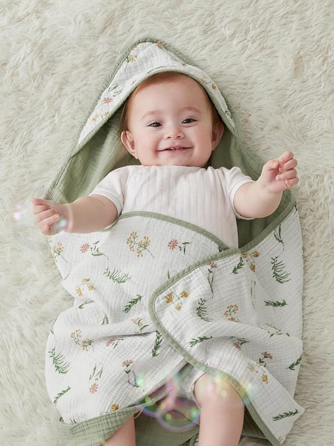 TILLYOU Muslin Hooded Baby Towels for Newborn 2 Pack, 32x32Inch Soft Baby Bath Towel Highly Absorbent for Newborn and Infant, Essential for Newborn Care, Daisy