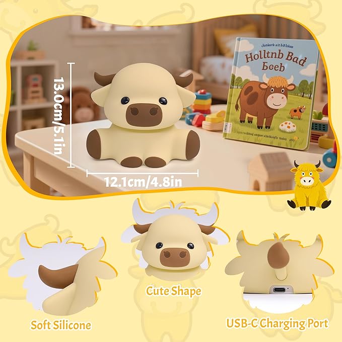 Highland Cow Lamp, Dimmable Silicone Touch Night Light, Soft Glow Bedside Lamp for Bedroom or Desk Decor, Highland Cow Gifts, USB Powered with Gentle Illumination
