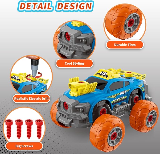 3-in-1 Construction Car for Boys Ages 3+ Years Old, Take Apart Car with Electric Drill, 46 Pcs Cars Building Kit, Build Your Own Toy Cars with Tools, Ideal STEM Present for Kids Children(Blue)