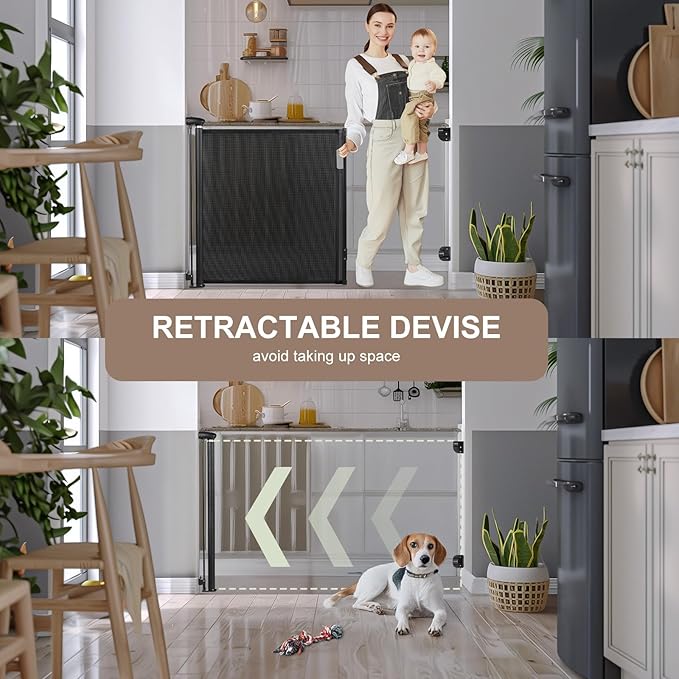 Retractable Baby Gate, 34" Tall, Extends up to 55" Wide, Durable Auto-Lock Baby Gates for Stairs, Mesh Dog Gate and Child Safety Gates for Doorways, Hallways, Indoor, Outdoor(Black)