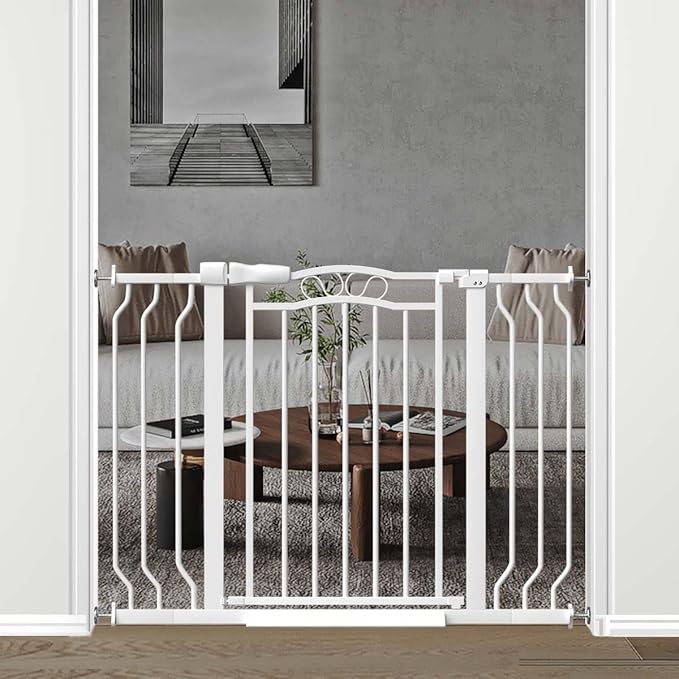 Fairy Baby 29.5"-43.7" Extra Wide Baby Gate No Drilling, 30" Tall Auto Close Press Mounted Baby Gate for Doorways, Adjustable Width Walk Through Dog Pet Gates, White