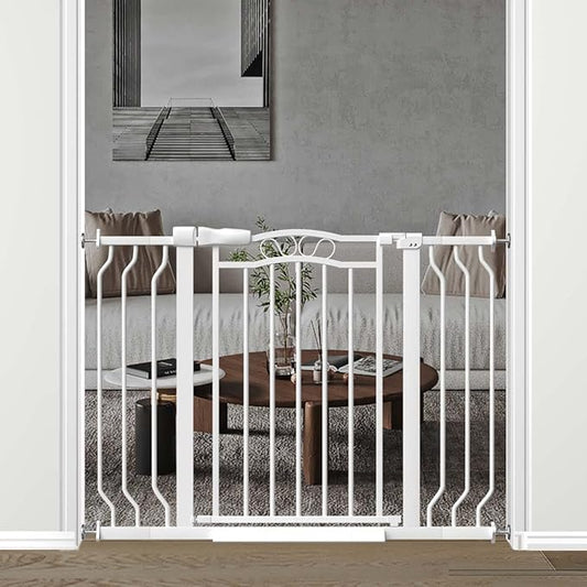 Fairy Baby 33.9"-43.3" Extra Wide Baby Gate for Stairs, Metal Auto Close Child Safety Gate Indoor Pet Dog Gates for Doorways, Pressure Mounted Walk Thru Swing Toddler Gate for Kids Puppy Cats, White