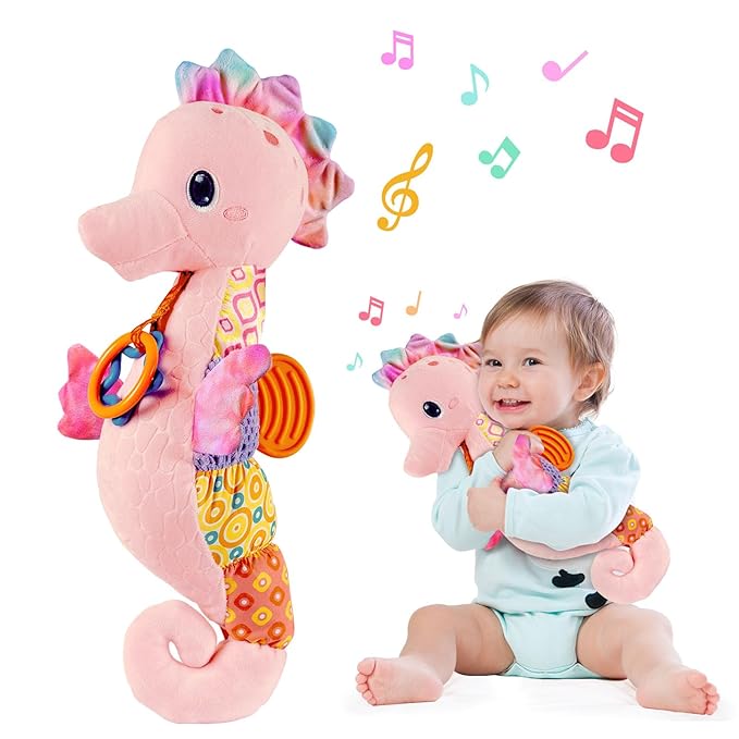 Fuzqq Baby Girl Toys 0-6 Months,Musical Stuffed Animal Plush Toy with Rattle,Soft Newborn Toy for 0 3 6 9 12 Months Girls,Baby Girl Gift,Pink