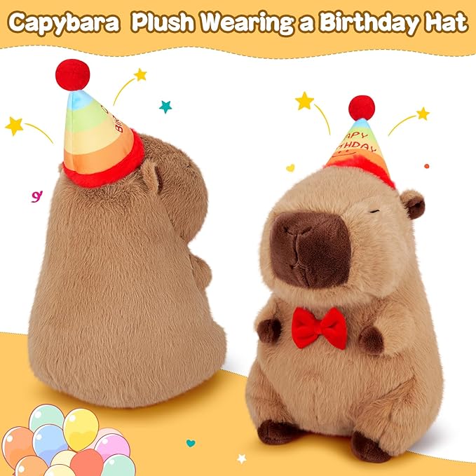 Achwishap Capybara Plush,Cute Plushies Capybara Stuffed Animal,Capybaras Plush Toys,Kawaii Plushie Stuffed Toy with Birthday Hat Plushie Gift for Kids Adults Birthday(Capybara with Birthdays Hat,18”)