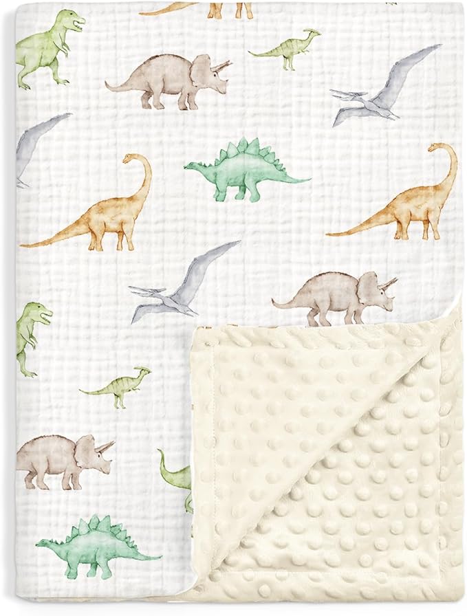 Dinosaur Baby Blankets for Boys, Newborn, Soft Nursery Minky Blankets with Muslin and Dotted Fleece Back 30x40 inches, Receiving Bed Quilt for Infants, Toddlers
