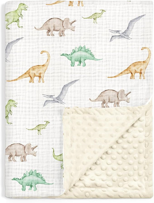 Dinosaur Baby Blankets for Boys, Newborn, Soft Nursery Minky Blankets with Muslin and Dotted Fleece Back 30x40 inches, Receiving Bed Quilt for Infants, Toddlers