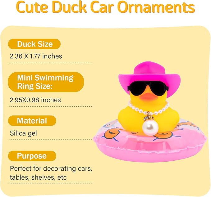 wonuu Car Rubber Duck, Yellow Duck Decoration Dashboard with Sun Hat Swim Ring Necklace Sunglasses for Car Dashboard Decorations