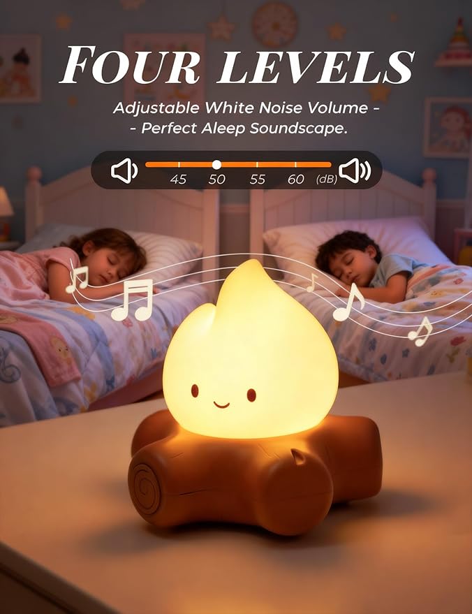 Chibi Campfire Lamp, Cute Flickering Flame Night Light, Soothing Nature White Noise, Rechargeable Cozy Campfire Light for Home Decor Camping Trips, Best Gifts