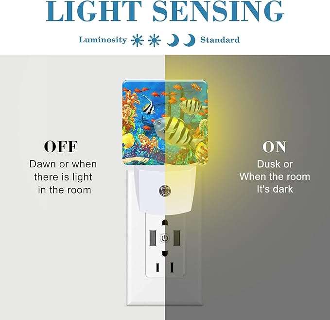 Cartoon Colorful Underwater World Night Light Plug into Wall with Dusk to Dawn Sensor Cute Nightlight for Kid Girls Boys Women Men Room Decor, Hallway, Kitchen, Bathroom, Nursery, Stairs