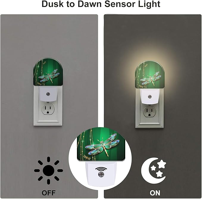 Green Jewel Dragonfly Night Light for Kids,Luxuxy Gold Dragonfly Night Light Plug in with Dusk to Dawn Sensor,0.5w Energy Saving Sleep Friendly Nightlight for Hallway Stairway Kitchen Bedroom