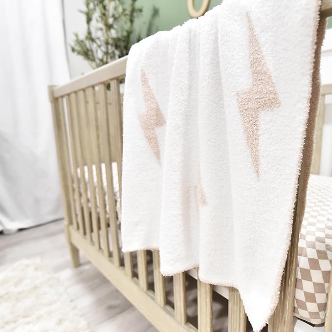 Lightning Bolt Baby Blanket 28"x40" - DreamSoft Knit Throw for Crib, Stroller or Car Seat - Soft Receiving Blanket/Newborn Nursery Gift Essential for Toddler, Infant, Kids, Boys & Girls (Tan/White)
