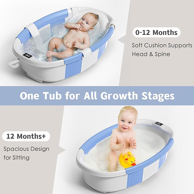Collapsible Baby Bathtub for Newborn to Toddler 0-36 Months,Spacious Foldable Infant Bath Tub with Thermometer,Cushion & Drain Hole,Portable Travel Tub, Baby Shower Gift Blue