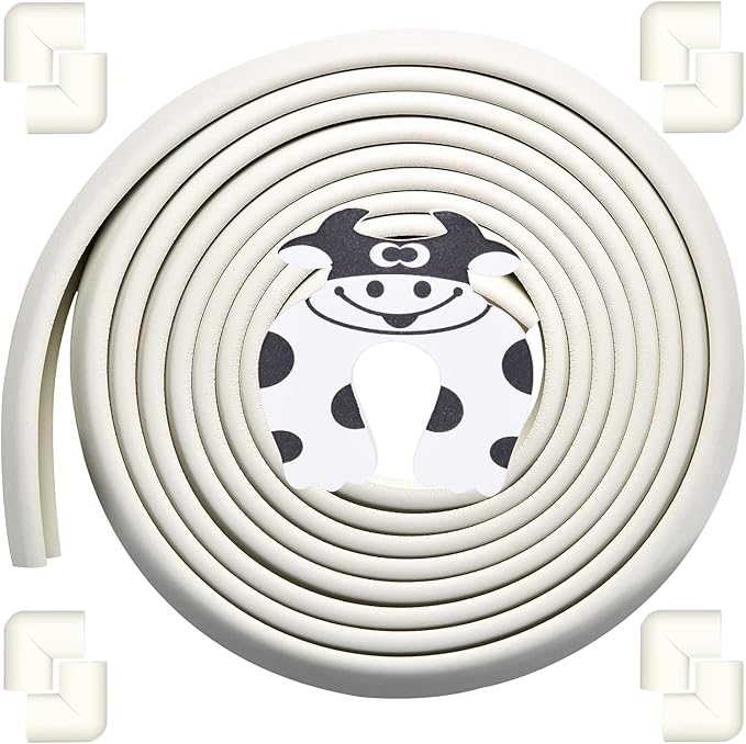 Edge Corner Protector Baby Proofing (Large 20ft Edge 8 Corners), Durable, High Density Rubber Foam, Fireplace Stair Furniture Safety Bumper Guard, 3M Double-Sided Tape, White