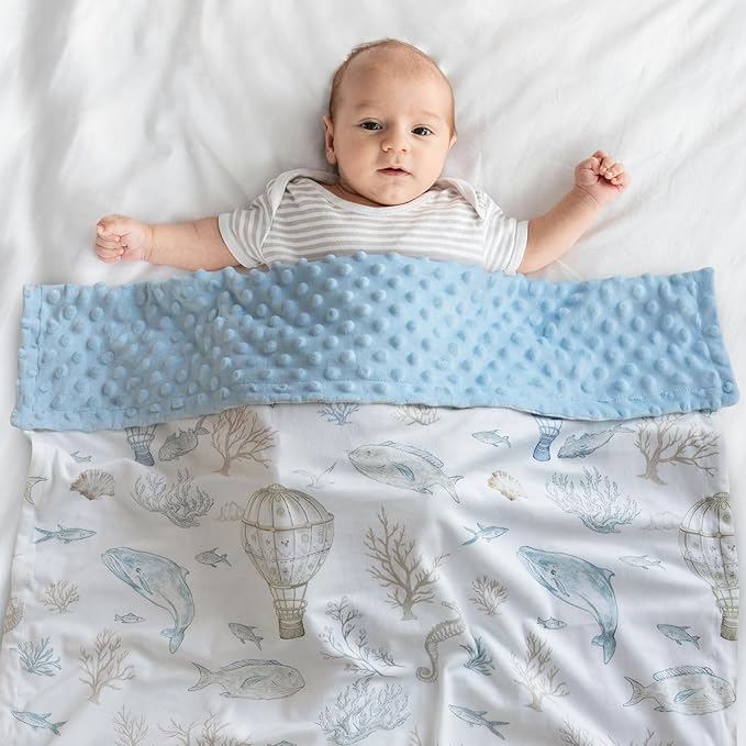 Whale Baby Fleece Blanket Neutral for Boys Girls, Soft Kid Throw Minky Blanket Double Layer with Dotted Backing, 30 x 40 Inch Blue Whale Hot-air Balloon Print