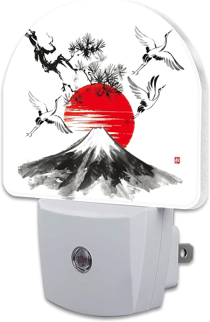Red Sun Fuji Mountain and Storks Night Light Plug into Wall, Ink Landscape Painting Dusk to Dawn Night Light Plug in,0.5w Energy Saving Sleep Friendly NightLight for Kids Boys Girls Home Decor