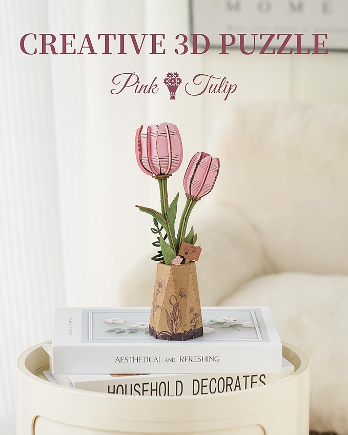3D Flower Wooden Puzzles for Adults-Pink Tulip, DIY Wooden Flowers Model Kit Building Set Crafts for Adults to Build, Botanical Collection/Ideal Creative Gift Ideas/Housewarming (72PCS)