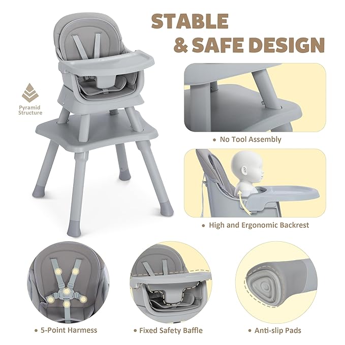 Baby High Chair, 8 in 1 Convertible Highchairs for Babies and Toddlers, Children Dining Booster Seat/Kids Building Block Table for Girls Boys, Baby Seat with Removable Tray, Light Grey