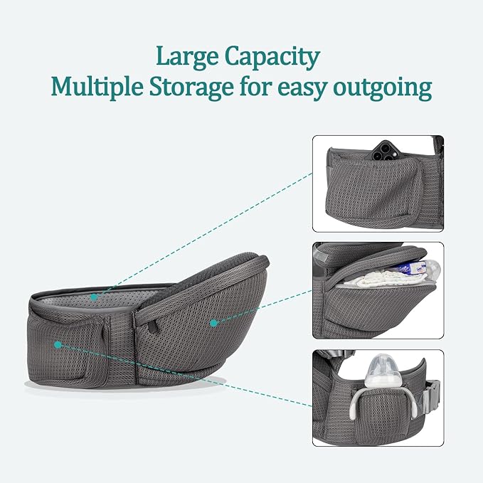 Baby Carrier - Hip Carrier for Baby with Baby Safety Strap - Toddler Carrier 7-45 lbs - Ergonomic Infant Holder with Hip Seat Large Capacity Pockets(Dark Grey)