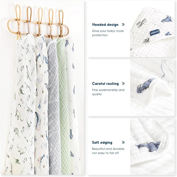GRSSDER Ultra Soft Absorbent Muslin Cotton Baby Hooded Towel 2 Pack with Original Patterns, Extra Large Size 35"x 35" Swaddle Wrap for Newborn Infant and Toddler