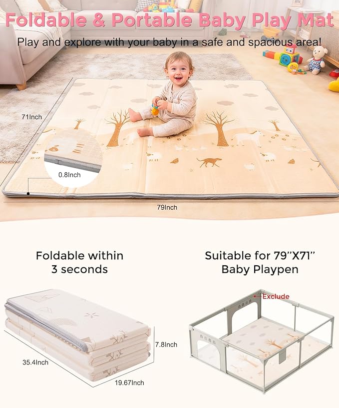 Large Baby Play Mat Foldable,0.8 Inch Waterproof Playroom,79 x 71 Playpen Mat | Outdoor Backyard Non-toxic Crawling Cushioned Infant, Folding Floormats Toddler Extra Thick Kids Playmat