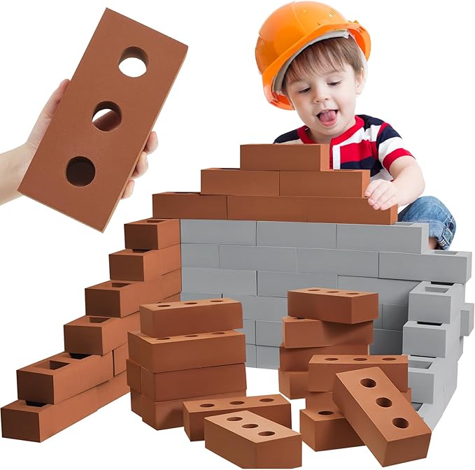 Deekin 30 Pcs Foam Brick Building Blocks for Kids Thick Blocks Foam Large Fake Brick Construction Toy for Stacking Construction, 8 x 4 x 2.4 in (Square Circle Holes)