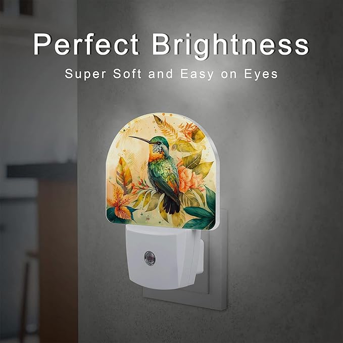 Hummingbird and Tropical Flowers Night Light for Kids,Watercolor Floral Bird Night Light Plug in with Dusk to Dawn Sensor,0.5w Energy Saving Nightlight for Hallway Stairway Kitchen Bedroom