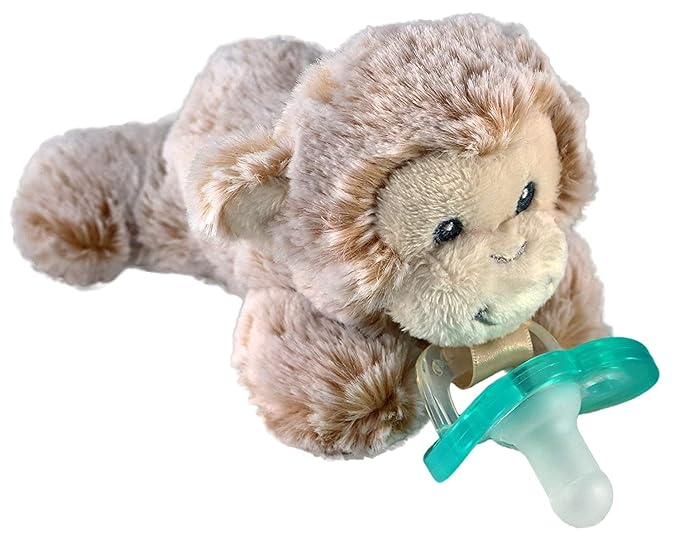 RaZbaby JollyPop Pacifier, Holder w/Detachable Baby Pacifier, Stuffed Animal RaZbuddy, All Ages 0M+, 100% Medical Grade USA Made Silicone, Machine Washable, Textured & Easy to Hold – Monkey