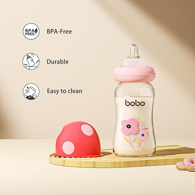 YOHKOH Natural Glass Baby Bottle with Natural Response Nipple, Newborn Anti-Colic Baby Bottles, Wide Neck Mushroom Cap Baby Bottle, Clear ((5.4oz (Pack of 2), Multicolour)