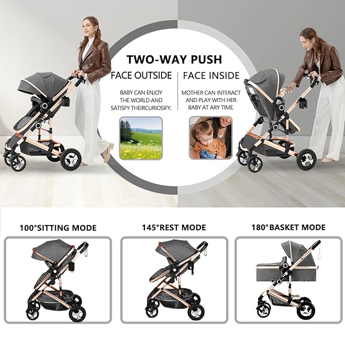Kinder King 2 in 1 Convertible Baby Stroller, Folding High Landscape Infant Carriage, Newborn Reversible Pram, Adjustable Canopy, Diaper Bag, Anti-Shock Toddler Pushchair Stroller, Gold